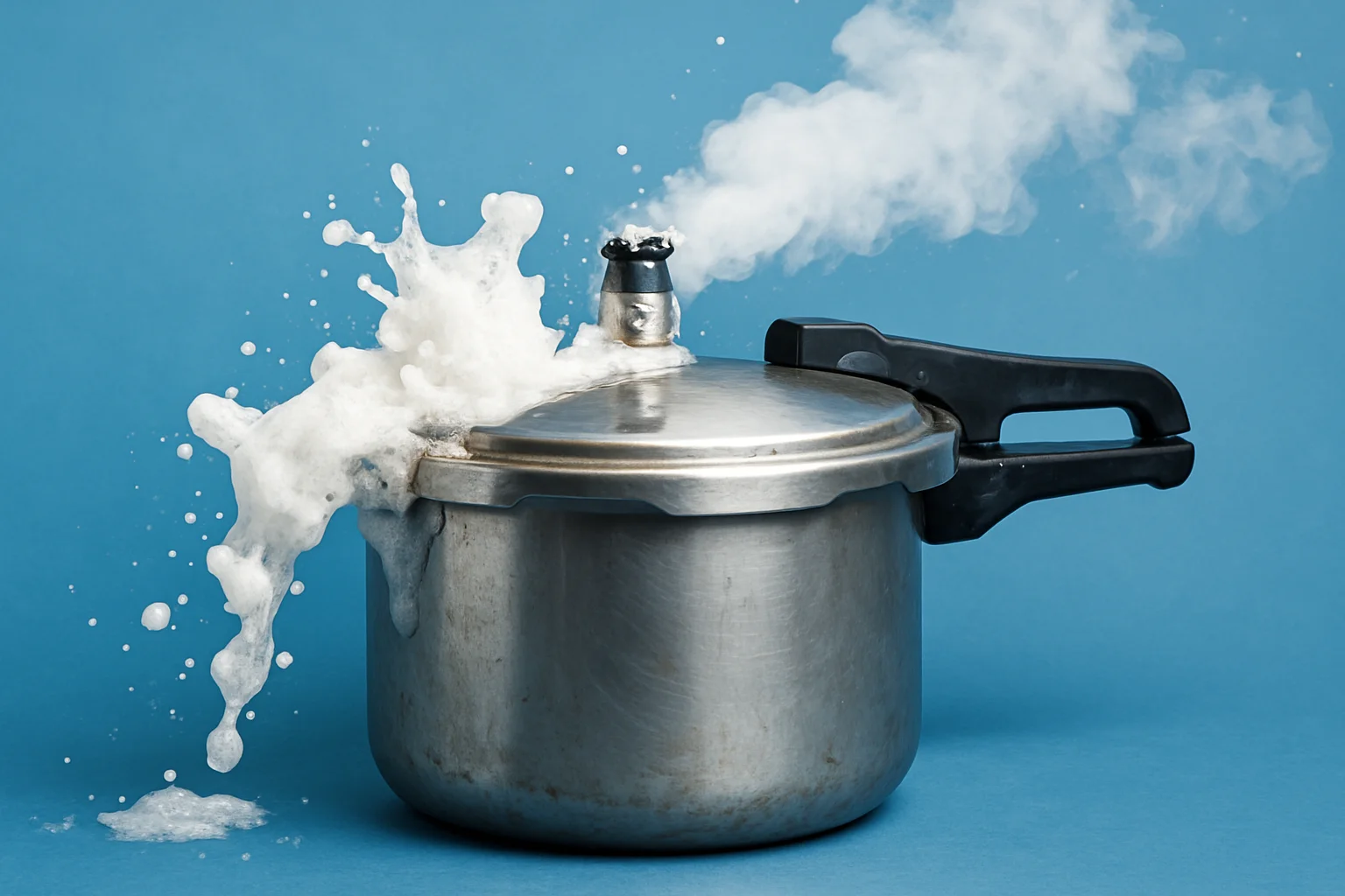 Shattered pressure cooker on a blue background, reflecting the dangerous product cases Clay Travis Law handles after explosions cause injuries.