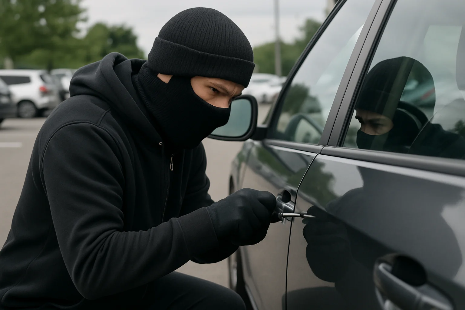 A thief cloaked in black, symbolizing stolen car claims Clay Travis Law helps clients fight for.