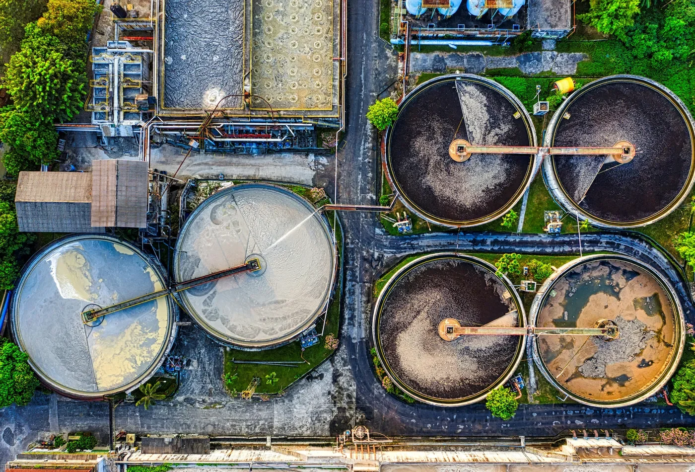 An aerial view of factories.